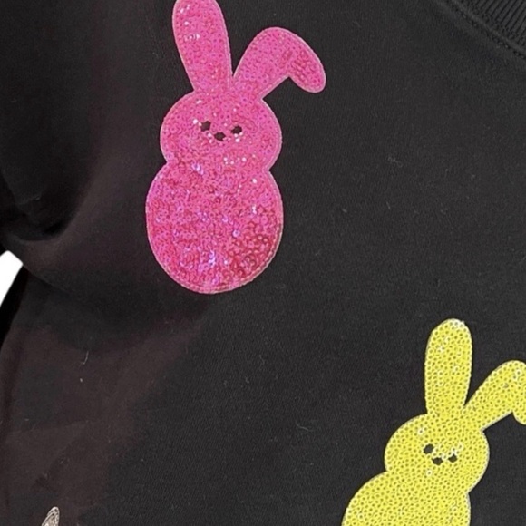 POODIT sequin bunny black Easter holiday sweatshirt S M L XL - Picture 5 of 5